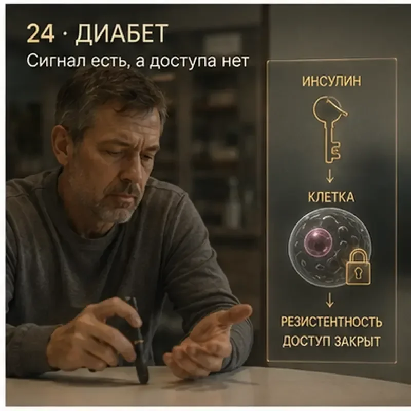Клетка с занятым инсулиновым рецептором: сигнал приходит, но место уже занято