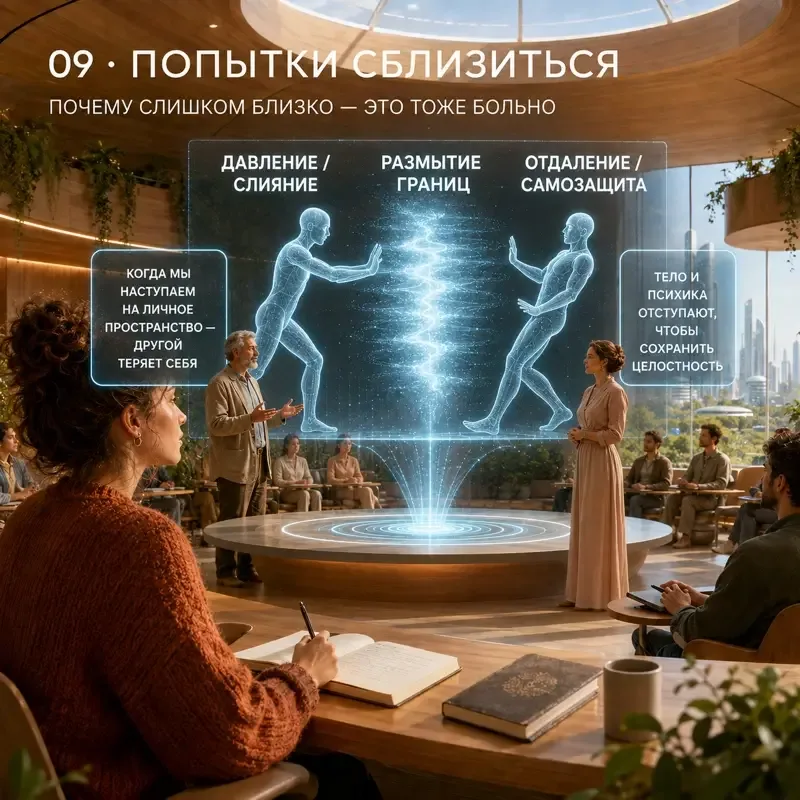 Двое: один придвигается ближе, второй в ответ отходит — цикл преследования и дистанцирования