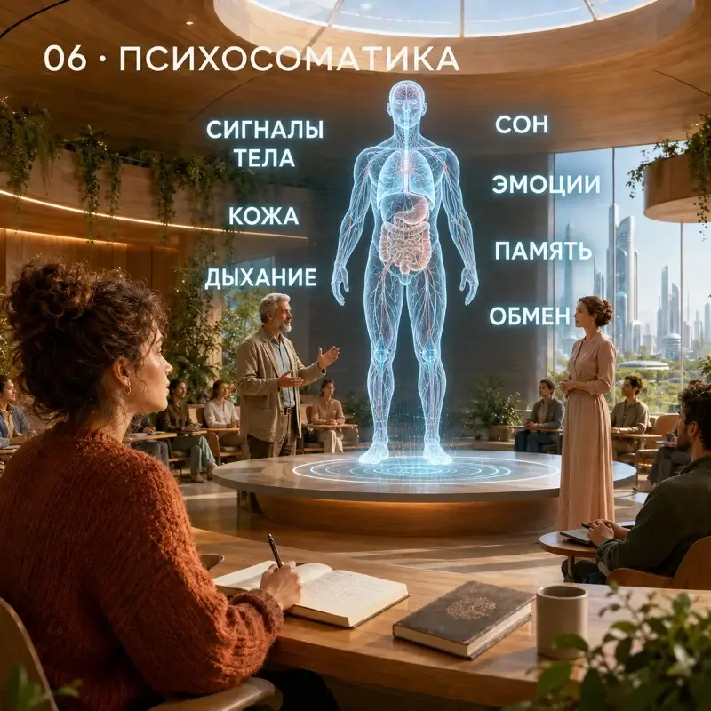 Тело человека и наложенная поверх схема связей между переживанием и органом — механизм вместо таблицы