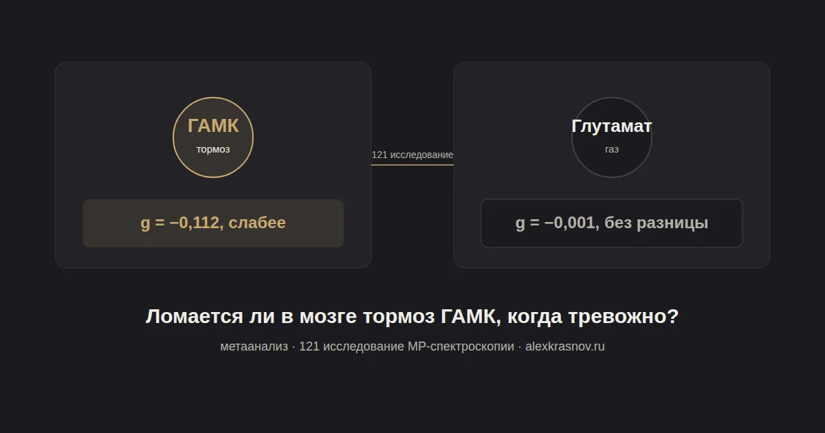 Схема: ГАМК — тормоз мозга — слегка слабее при тревоге и депрессии (g=-0,112), а глутамат — газ — не меняется (g=-0,001), по метаанализу 121 исследования
